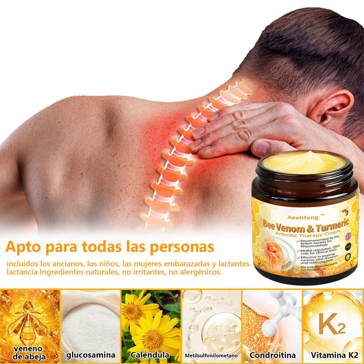 🐝🐝Aeehfeng™ Crema para el tratamiento de la artritis con veneno de abeja y cúrcuma, especializada en afecciones ortopédicas y dolores articulares